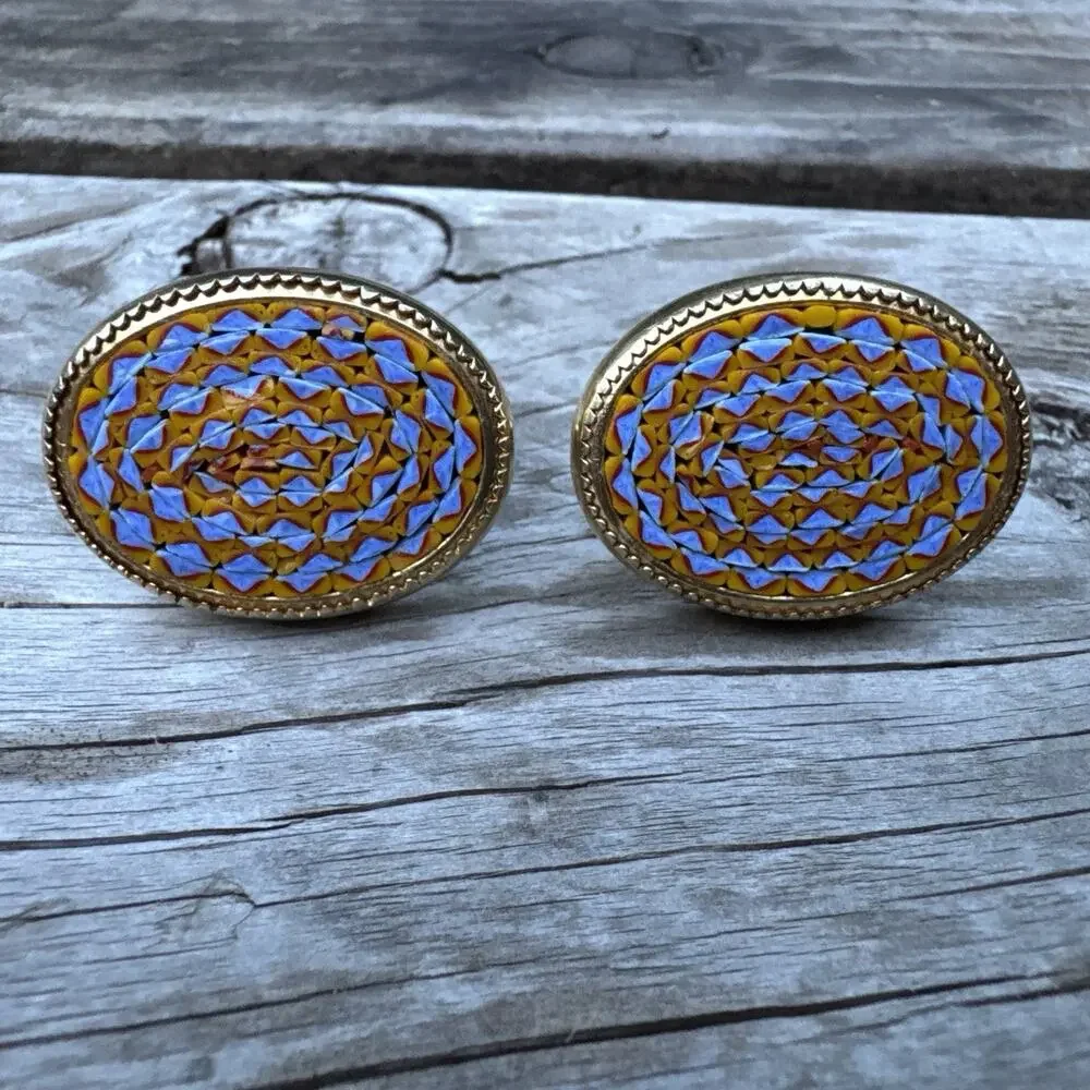 Micro-Mosaic Vintage Oval Gold tone Cufflinks 1-1/8
